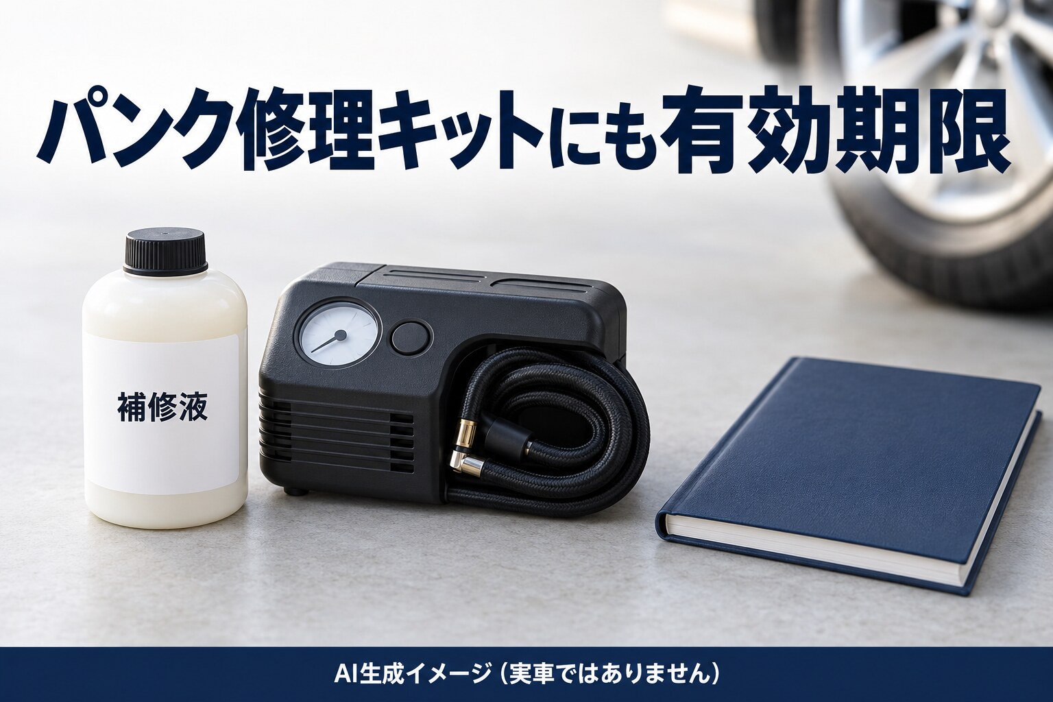 補修液ボトルと携帯コンプレッサーを描いたAI生成イメージ（実車ではありません）。