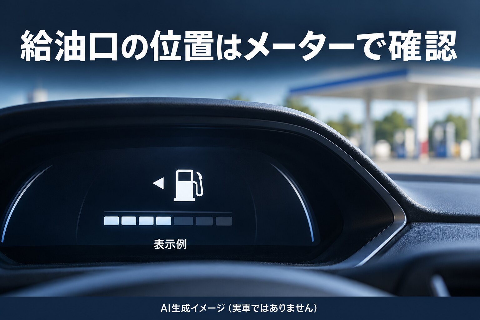 給油機マークの左に三角形がある燃料計の表示例を描いたAI生成イメージ（実車ではありません）。